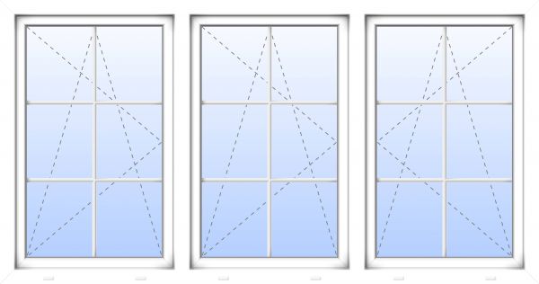 Außenansicht 3- flügeliges Fenster 6 Sprossen mit Pfosten Dr-Ki Weiß