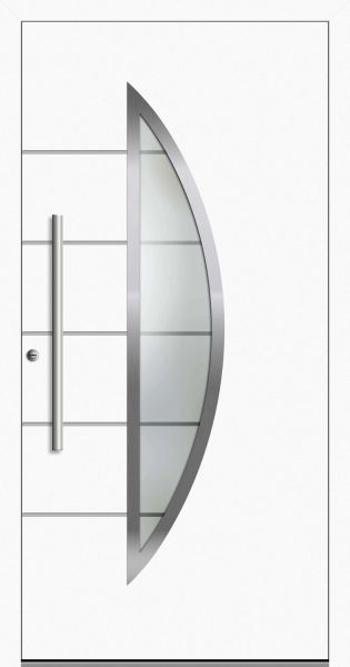 Außenansicht SCHÜCO Aluminium Haustür mit Halbmondglas Weiß DIN links