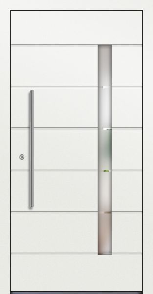 Außenansicht Aluminium Haustür mit Satinatoglas (Milchglas) mit Klarglasstreifen Reinweiß