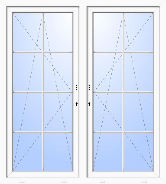 Kunststoff Balkontür &quot;DANIEL&quot; 74 mm 2-fach Verglasung symmetrisch Dreh-Kipp / Dreh-Kipp fester Pfosten 2-flügelig 8 Sprossenfelder (abschließbar)