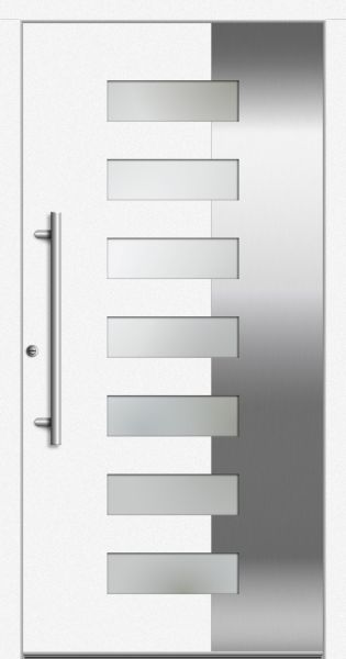 Außenansicht Kunststoff-Aluminium Haustür mit Edelstahl-Applikationen Weiß