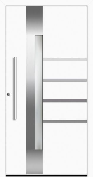 Außenansicht Aluminium Haustür mit Edelstahl-Applikationen Weiß