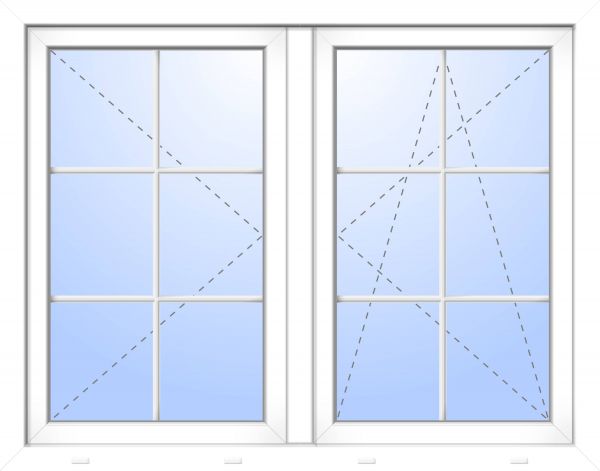 Kunststoff Fenster &quot;ERIK&quot; 74 mm 2-fach Verglasung symmetrisch Dreh-Kipp / Dreh Stulp 2-flügelig 6 Sprossenfelder